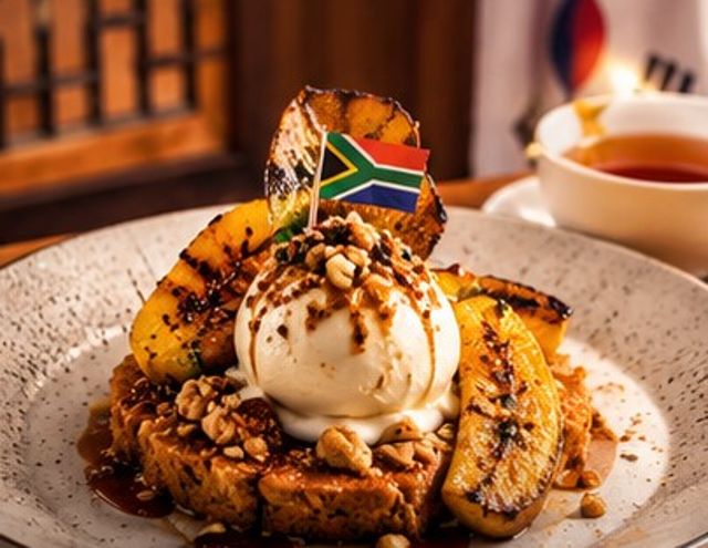 Rooibos and yuzu cheesecake: Caramelised plantain