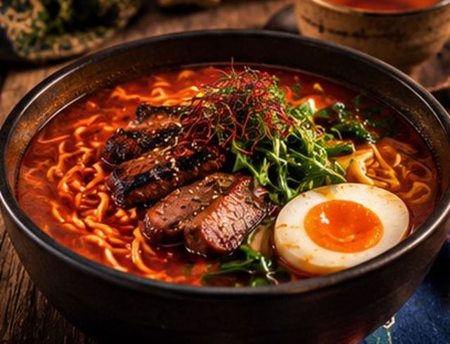 Spicy ramen with SA reverse-seared steak, kimchi and rooibos