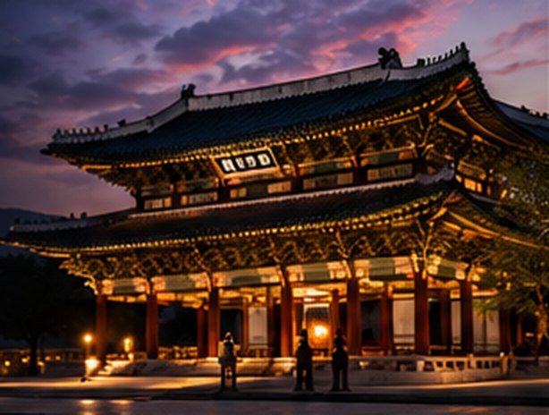 A Korean royal palace hall lit at dusk